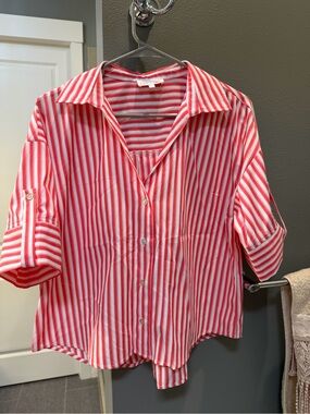 entro Red and White Vertical Stripe Button-Down Shirt NWOT